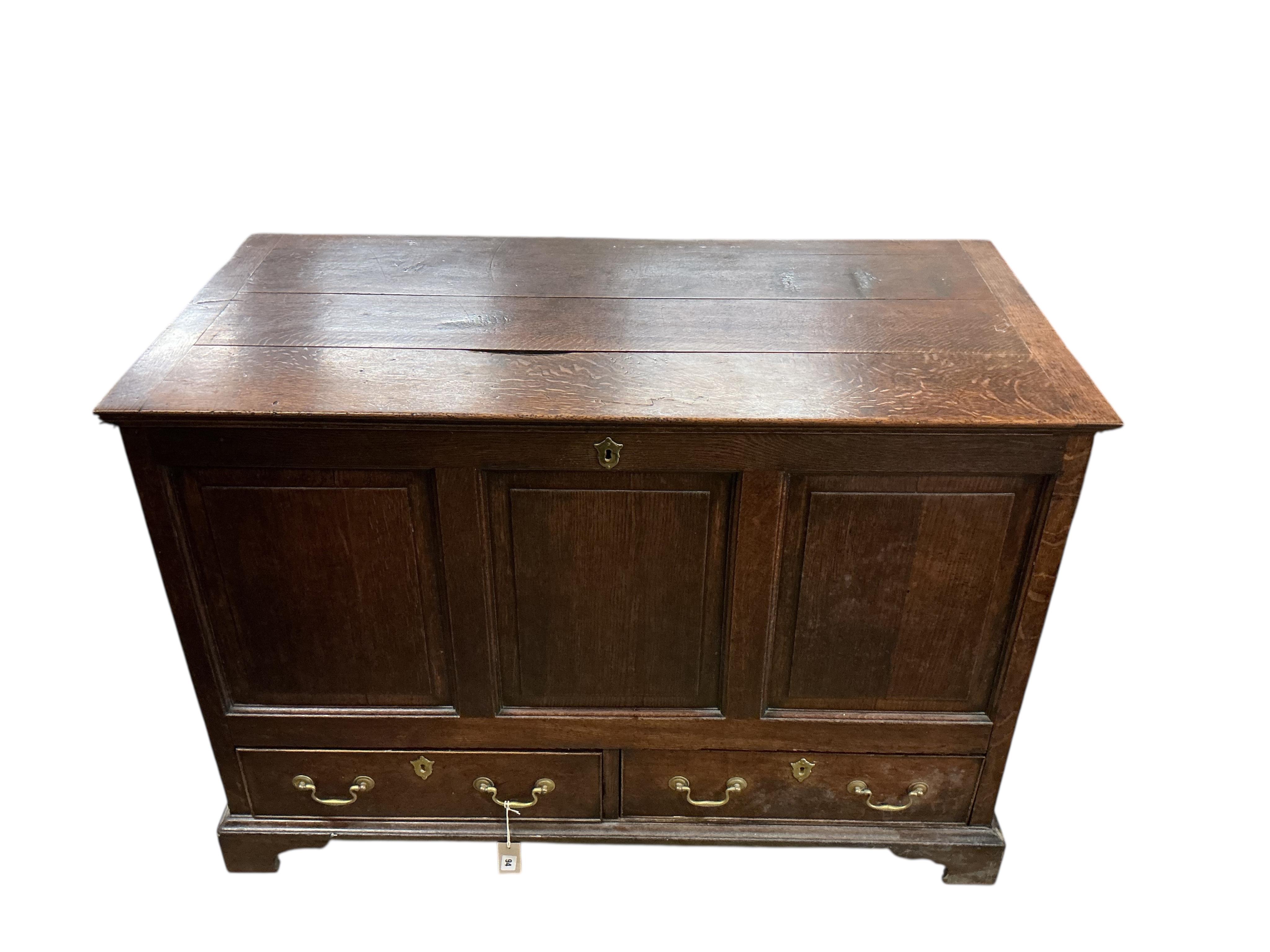 A George III oak mule chest, width 120cm, depth 60cm, height 83cm